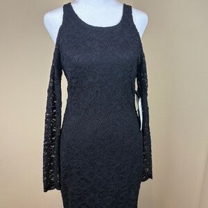 Jump Black Scalloped Lace Cold Shoulder Long Sleeve Mini Dress; Size 7/8 NWT